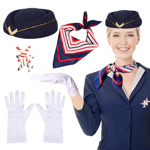 XEPST 4 STÜCK Flugbegleiterkostüm für Frauen - Stewardess Kostümzubehör Set mit Flugbegleitermütze Schal Handschuhe Broschen für Frauen Mädchen Halloween Kostüme Cosplay Karneval Kostüm von XEPST