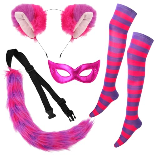 XEPST 4 STÜCK Rosa und Lila Gestreiftes Katzenkostüm für Frauen-Katzenohren und Schwanz Set mit Katzenohren, Augenmaske, Pelzschwanz, gestreiften Socken für Halloween Kostüme Cosplay Karneval von XEPST