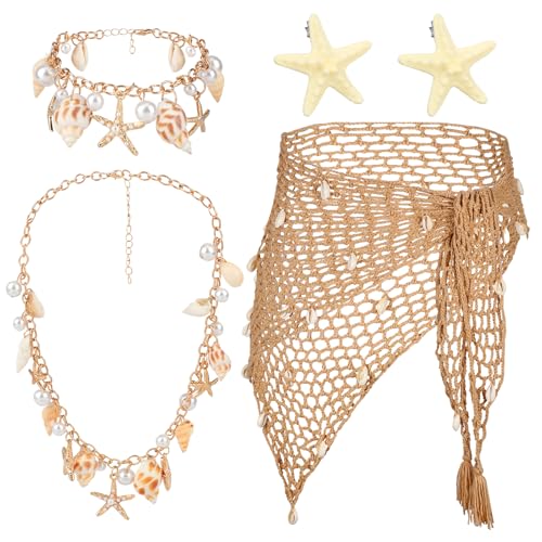 XEPST 5 STÜCK Meerjungfrau Kostüm für Frauen - Sirenen Kostüm Meerjungfrau Zubehör Set mit Meerjungfrau Sarong Häkelrock Vertuschen Seestern Haarspangen Muschelschmuck für Halloween Cosplay Karneval XEPST 5 STÜCK Meerjungfrau Kostüm für Frauen - Sirenen Kostüm Meerjungfrau Zubehör Set mit Meerjungfrau Sarong Häkelrock Vertuschen Seestern Haarspangen Muschelschmuck für Halloween Cosplay Karneval von XEPST