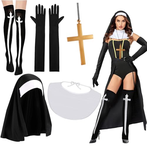 XEPST 5 STÜCK Nonnen Kostüm Für Frauen-Nonnen Outfit Zubehör Nonnen Kopfschmuck Nonnen Kragen Handschuhe Kreuz Anhänger Halskette Kniestrümpfe Halloween Kostüme für Frauen Cosplay Karneval Kostüm von XEPST