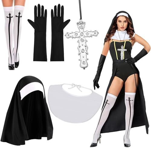 XEPST 5 STÜCK Nonnen Kostüm Für Frauen-Nonnen Outfit Zubehör Nonnen Kopfschmuck Nonnen Kragen Handschuhe Kreuz Anhänger Halskette Kniestrümpfe Halloween Kostüme für Frauen Cosplay Karneval Kostüm, B XEPST 5 STÜCK Nonnen Kostüm Für Frauen-Nonnen Outfit Zubehör Nonnen Kopfschmuck Nonnen Kragen Handschuhe Kreuz Anhänger Halskette Kniestrümpfe Halloween Kostüme für Frauen Cosplay Karneval Kostüm, B von XEPST
