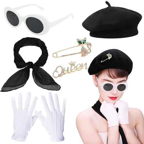 XEPST 6 STÜCK französisches Kostümset - 50er Jahre Kostüm für Frauen mit französischer Baskenmütze Sonnenbrille Schal Handschuhe Französischer Künstler Kit für Halloween Cosplay Karneval, Schwarz XEPST 6 STÜCK französisches Kostümset - 50er Jahre Kostüm für Frauen mit französischer Baskenmütze Sonnenbrille Schal Handschuhe Französischer Künstler Kit für Halloween Cosplay Karneval, Schwarz von XEPST