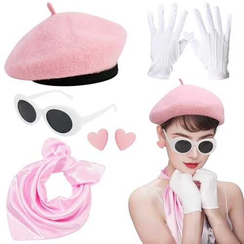 XEPST 6 STÜCK französisches Kostümset - 50er Jahre Kostüm für Frauen mit französischer Baskenmütze Sonnenbrille Schal Handschuhe Französischer Künstler Kit für Halloween Cosplay Karneval, Hellrosa XEPST 6 STÜCK französisches Kostümset - 50er Jahre Kostüm für Frauen mit französischer Baskenmütze Sonnenbrille Schal Handschuhe Französischer Künstler Kit für Halloween Cosplay Karneval, Hellrosa von XEPST