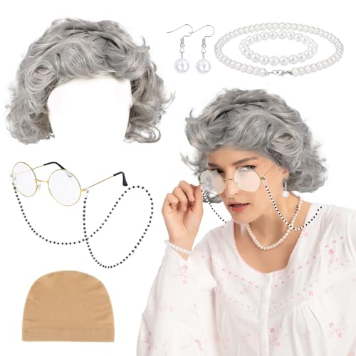 XEPST 7 STÜCK Alte Dame Perücke Kostüm Set-Alte Dame Kostüm Zubehör Set mit Oma Perücke Brille Faux Perlenkette Armband Ohrringe für Halloween Kostüme Cosplay Karneval Kostüm, B von XEPST