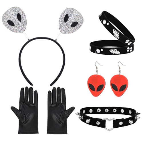 XEPST Alien Kostümzubehör Set - Alien Antennen Stirnband, Ohrringe, Halskette und Handschuhe für Frauen und Mädchen - Perfekt für Alien Partys, Halloween, Karneval, Cosplay - Anziehzubehör, Schwarz XEPST Alien Kostümzubehör Set - Alien Antennen Stirnband, Ohrringe, Halskette und Handschuhe für Frauen und Mädchen - Perfekt für Alien Partys, Halloween, Karneval, Cosplay - Anziehzubehör, Schwarz von XEPST