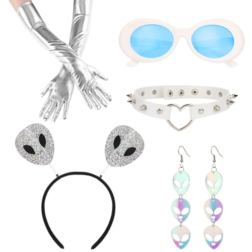 XEPST Alien Kostümzubehör Set - Alien Antennen Stirnband, Ohrringe, Halskette und Handschuhe für Frauen und Mädchen - Perfekt für Alien Partys, Halloween, Karneval, Cosplay - Anziehzubehör, Weiß von XEPST