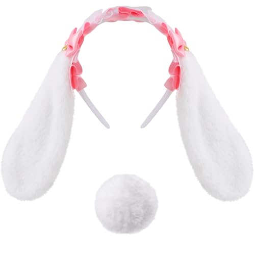 XEPST Anime Hasenkostüm Set, Cartoon Plüsch Hasenohren und Schwanz Set mit pelzigen Hasenohren Stirnband Hasenschwanz für Osterkostüm Tier Cosplay Geburtstagsparty Halloween Kostümparty von XEPST
