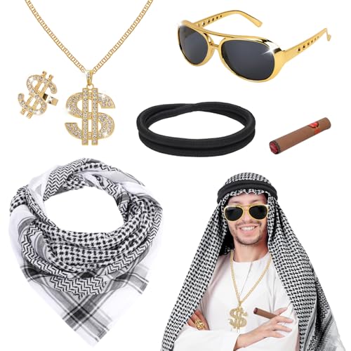 XEPST Arabisches Kostümset für Männer - 6 STÜCK arabisches Kostümzubehör Set mit Keffiyeh Kopftuch Arabisches schwarzes Stirnband für Männer Halloween Kostüm Cosplay Karneval Kostüm, Schwarzweiß XEPST Arabisches Kostümset für Männer - 6 STÜCK arabisches Kostümzubehör Set mit Keffiyeh Kopftuch Arabisches schwarzes Stirnband für Männer Halloween Kostüm Cosplay Karneval Kostüm, Schwarzweiß von XEPST