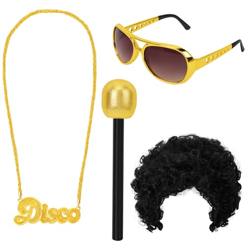 XEPST Disco Kostüm Set für Frauen - 4 STÜCK Disco Zubehör Set mit Afro Perücke Fake Karaoke Mikrofon Halskette Sonnenbrille für Unisex 50/60/ 70er Party Zubehör Halloween Cosplay Karneval XEPST Disco Kostüm Set für Frauen - 4 STÜCK Disco Zubehör Set mit Afro Perücke Fake Karaoke Mikrofon Halskette Sonnenbrille für Unisex 50/60/ 70er Party Zubehör Halloween Cosplay Karneval von XEPST
