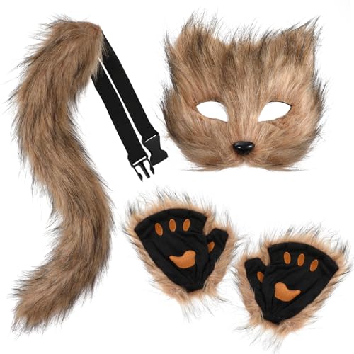XEPST Fuchs Kostüm Cosplay Kostüm mit Furry Schwanz, Maske und Handschuhe, Kunstpelz Fuchs Maske Wolf Katze flauschiger Schwanz für Halloween Cosplay Kostüm Karneval Party Kostüm Accessoire,Braun XEPST Fuchs Kostüm Cosplay Kostüm mit Furry Schwanz, Maske und Handschuhe, Kunstpelz Fuchs Maske Wolf Katze flauschiger Schwanz für Halloween Cosplay Kostüm Karneval Party Kostüm Accessoire,Braun von XEPST