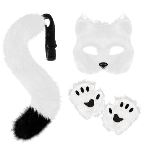 XEPST Fuchs Kostüm Cosplay Kostüm mit Furry Schwanz, Maske und Handschuhe, Kunstpelz Fuchs Maske Wolf Katze flauschiger Schwanz für Halloween Cosplay Kostüm Karneval Party Kostüm Accessoire, Weiß XEPST Fuchs Kostüm Cosplay Kostüm mit Furry Schwanz, Maske und Handschuhe, Kunstpelz Fuchs Maske Wolf Katze flauschiger Schwanz für Halloween Cosplay Kostüm Karneval Party Kostüm Accessoire, Weiß von XEPST