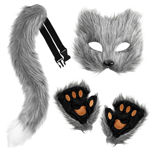 XEPST Fuchs Kostüm Cosplay Kostüm mit Furry Schwanz, Maske und Handschuhe, Kunstpelz Fuchs Maske Wolf Katze flauschiger Schwanz für Halloween Cosplay Kostüm Karneval Party Kostüm Accessoire,Grau XEPST Fuchs Kostüm Cosplay Kostüm mit Furry Schwanz, Maske und Handschuhe, Kunstpelz Fuchs Maske Wolf Katze flauschiger Schwanz für Halloween Cosplay Kostüm Karneval Party Kostüm Accessoire,Grau von XEPST