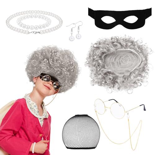 XEPST Gangster Oma Kostüm-Einbrecher Alte Dame Perücke Kostüm Set Alte Dame Kostüm Set mit Oma Perücke Räubermaske Brille Perlenkette für Erwachsene Kinder Halloween Kostüme Cosplay Karneval Kostüm von XEPST