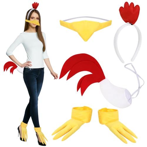 XEPST Hahn Huhn Kostüm Set, Hühnerstirnband und Schwanz Set mit Hahn Stirnband Hühnerschnabel Hühnerschwanz Hühnerfüße für Tierkostüm Cosplay Ostern Halloween Canival Kostümparty XEPST Hahn Huhn Kostüm Set, Hühnerstirnband und Schwanz Set mit Hahn Stirnband Hühnerschnabel Hühnerschwanz Hühnerfüße für Tierkostüm Cosplay Ostern Halloween Canival Kostümparty von XEPST