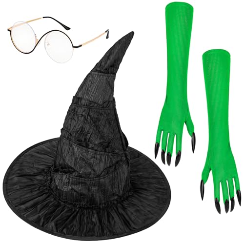 XEPST Halloween Hexenkostüm Damen - Hexenhut Kostüm Zubehör Set mit Hexenhut Brille Grün Handschuhe für Erwachsene Halloween Kostüme Zauberer Cosplay Requisiten Karneval Verkleidung Party XEPST Halloween Hexenkostüm Damen - Hexenhut Kostüm Zubehör Set mit Hexenhut Brille Grün Handschuhe für Erwachsene Halloween Kostüme Zauberer Cosplay Requisiten Karneval Verkleidung Party von XEPST