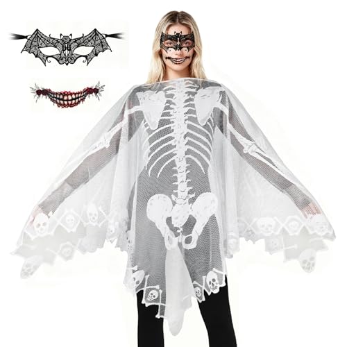 XEPST Halloween Skelett Poncho Damen - Tag der Toten Kostüme mit Spitzen Skelett Umhang Fledermausmaske Gruseliger Mund Tattoo Aufkleber für Erwachsene Halloween Kostüme Cosplay Karneval Verkleidung von XEPST