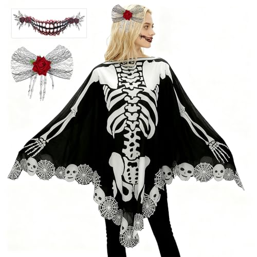 XEPST Halloween Skelett Poncho Damen - Tag der Toten Kostüme mit schwarzem Skelett Umhang Totenkopf Haarspange Mund Tattoo Aufkleber für Erwachsene Halloween Kostüme Cosplay Karneval Verkleidung von XEPST