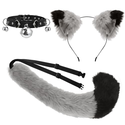 XEPST Katze Cosplay Kostüm Set, Grau Schwanz und Ohren Set Faux Furry Fox Wolf Tail Kit mit Langer Fuchsschwanz und Ohren und Glockenkragen für Karneval Party Dekoration Kostüm Dressing Parteien von XEPST