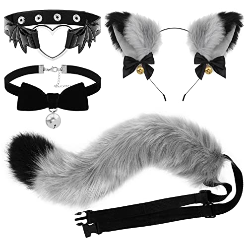 XEPST Katze Cosplay Kostüm Set, Schwanz und Ohren Set Faux Furry Fox Wolf Tail Kit mit Langer Fuchsschwanz und Ohren und Glockenkragen für Karneval Party Dekoration Kostüm Dressing Parteien, Grau von XEPST