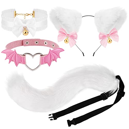 XEPST Katze Cosplay Kostüm Set, Schwanz und Ohren Set Faux Furry Fox Wolf Tail Kit mit Langer Fuchsschwanz und Ohren und Glockenkragen für Karneval Party Dekoration Kostüm Dressing Parteien, Weiß von XEPST