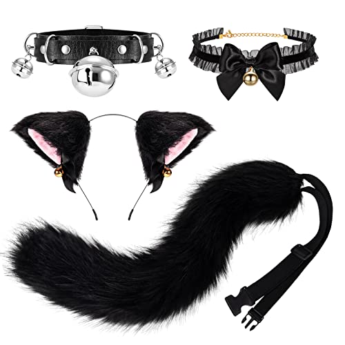 XEPST Katze Cosplay Kostüm Set, Schwanz und Ohren Set Faux Furry Fox Wolf Tail Kit mit Langer Fuchsschwanz und Ohren und Glockenkragen für Karneval Party Dekoration Kostüm Dressing Parteien von XEPST