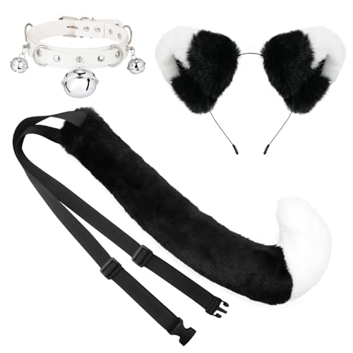 XEPST Katze Cosplay Kostüm Set, Schwanz und Ohren Set Faux Furry Fox Wolf Tail Kit mit Langer Fuchsschwanz und Ohren und Glockenkragen für Kostüm Dressing Parteien, Schwarz+Weiß XEPST Katze Cosplay Kostüm Set, Schwanz und Ohren Set Faux Furry Fox Wolf Tail Kit mit Langer Fuchsschwanz und Ohren und Glockenkragen für Kostüm Dressing Parteien, Schwarz+Weiß von XEPST