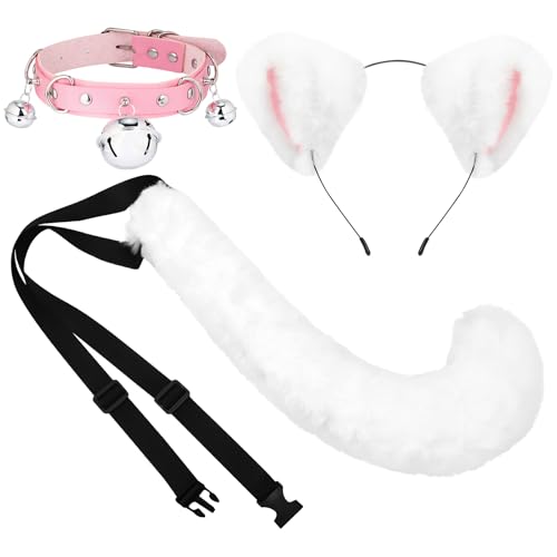 XEPST Katze Cosplay Kostüm Set, Schwanz und Ohren Set Faux Furry Fox Wolf Tail Kit mit Langer Fuchsschwanz und Ohren und Glockenkragen für Kostüm Dressing Parteien, Weiß XEPST Katze Cosplay Kostüm Set, Schwanz und Ohren Set Faux Furry Fox Wolf Tail Kit mit Langer Fuchsschwanz und Ohren und Glockenkragen für Kostüm Dressing Parteien, Weiß von XEPST