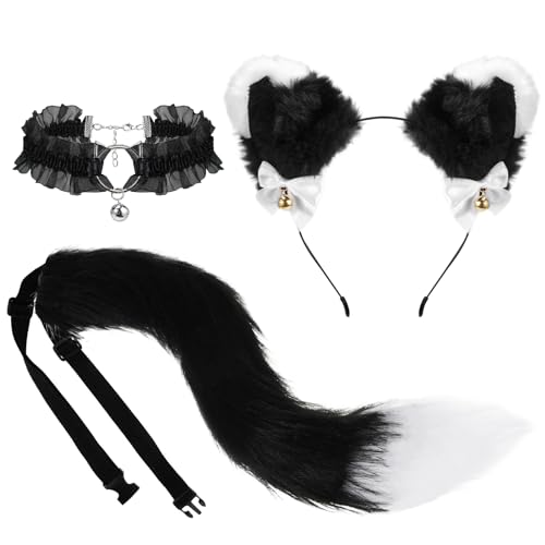 XEPST Katze Cosplay Kostüm Set, Schwarz Schwanz und Ohren Set Faux Furry Fox Wolf Tail Kit mit Langer Fuchsschwanz und Ohren und Glockenkragen für Karneval Party Dekoration Kostüm Dressing Parteien von XEPST