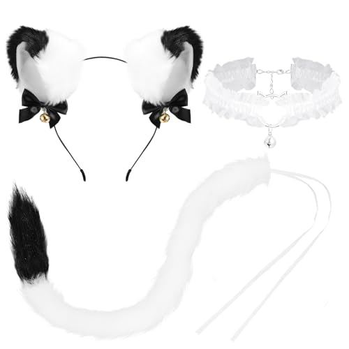 XEPST Katze Cosplay Kostüm Set, Weiß Schwanz und Ohren Set Faux Furry Fox Wolf Tail Kit mit Langer Fuchsschwanz und Ohren und Glockenkragen für Karneval Party Dekoration Kostüm Dressing Parteien von XEPST