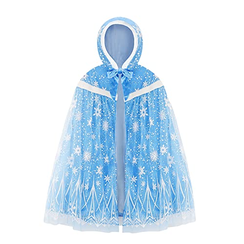 XEPST Kinder Prinzessin Umhang Blau Mit Schneeflocke Und Kapuze - Halloween Karneval Kostüm Für Mädchen - Cape Cosplay Party von XEPST