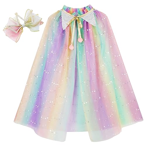 XEPST Kinder Umhang Prinzessin Cape Prinzessin Kostüm, Prinzessin Kostüm Mädchen, Bunt Umhang Prinzessin mit Haarspangen Bögen für Mädchen von XEPST