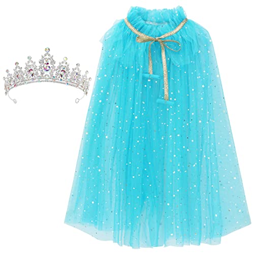 XEPST Kinder Prinzessin Cape Mit Crown Tiara - Blau Tüll Umhang Mit Glitzer Pailletten für Halloween Karneval Cosplay Party Kostüm - Mädchen von XEPST