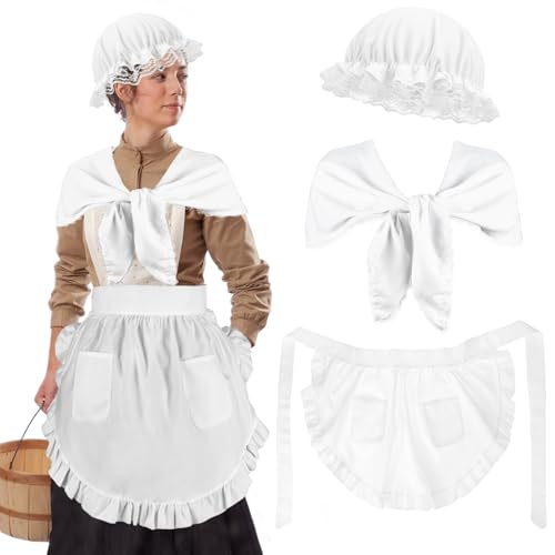 XEPST Kolonialkostüm Set für Frauen - 3 STÜCK Pilgerkostüm Zubehör Set mit weißer Mob Cap Motorhaube Schal Wrap Rüsche Taille Schürze Dienstmädchen Kostüm für Halloween Kostüme Frauen Cosplay Kostüm XEPST Kolonialkostüm Set für Frauen - 3 STÜCK Pilgerkostüm Zubehör Set mit weißer Mob Cap Motorhaube Schal Wrap Rüsche Taille Schürze Dienstmädchen Kostüm für Halloween Kostüme Frauen Cosplay Kostüm von XEPST
