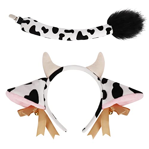 XEPST Kuh Kostüm Set, Cattle Stirnband Kuh Ohr Stirnband mit Glocken, Plüsch Schwanz für Tier Cosplay Haarband Kuh Kostüm Zubehör Tier Thema Geburtstag Halloween Kostüm Kostüm Kostüm Party Zubehör von XEPST