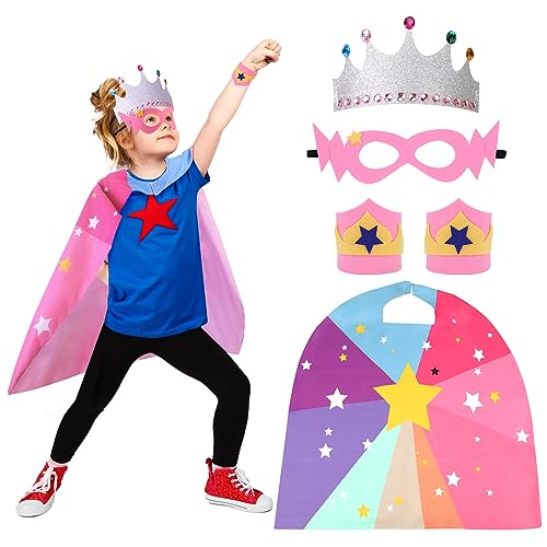 XEPST Superhelden Cape für Kinder, 5 Stück Superhelden Kostüm Set mit Superhelden Maske und Cape Krone Armbänder Perfekt für Halloween Karneval Cosplay Kostüm Zubehör für Kinder 3-10 Jahre, Mädchen von XEPST