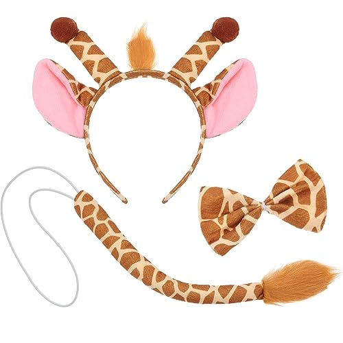 XEPST Tier Giraffe Kostüm Set, Giraffenohren und Schwanz Set mit Giraffenohren Stirnband Fliege Giraffenschwanz für Tierkostüm Cosplay Geburtstagsparty Halloween Kostüm Kostüm Partyzubehör, Giraffe-B von XEPST