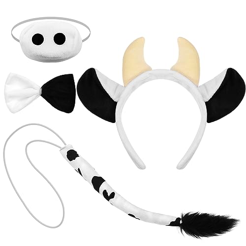 XEPST Tier Kuh Kostüm Set, Kuhohren und Schwanz Set mit Kuhohren Stirnband Fliege Nase Kuhschwanz für Tierkostüm Cosplay Geburtstagsparty Halloween Kostüm Kostüm Partyzubehör, Kuh-B von XEPST