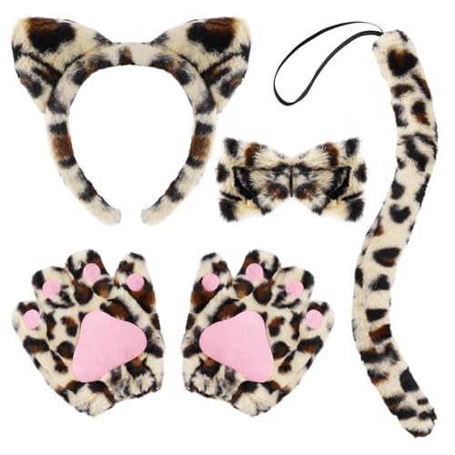 XEPST Tier Leopard Kostüm Set, Leopard Ohren und Schwanz Set mit Leopard Stirnband und Schwanz Fliege Pfoten für Tierkostüm Cosplay Geburtstag Halloween Kostüm Partyzubehör, Braun von XEPST