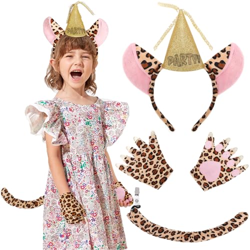 XEPST Tier Leopard Kostüm Set, Leopardenohren Stirnband Schwanz und Pfote Set mit Leoparden Stirnband Schwanz für Tierkostüm Cosplay Geburtstagsparty Zubehör Halloween Kostüm Kostüm Partyzubehör XEPST Tier Leopard Kostüm Set, Leopardenohren Stirnband Schwanz und Pfote Set mit Leoparden Stirnband Schwanz für Tierkostüm Cosplay Geburtstagsparty Zubehör Halloween Kostüm Kostüm Partyzubehör von XEPST