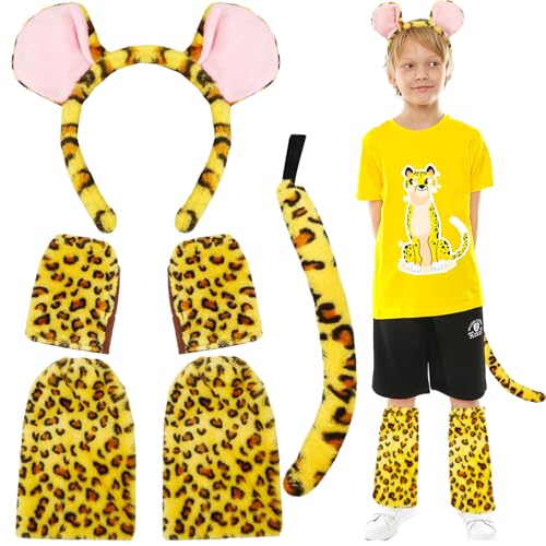 XEPST Tier Leopard Kostüm Set, Leopardenohren und Schwanz Set mit Leoparden Stirnband und Schwanz Beinwärmer für Tierkostüm Cosplay Geburtstagsparty Halloween Kostüm Partyzubehör von XEPST