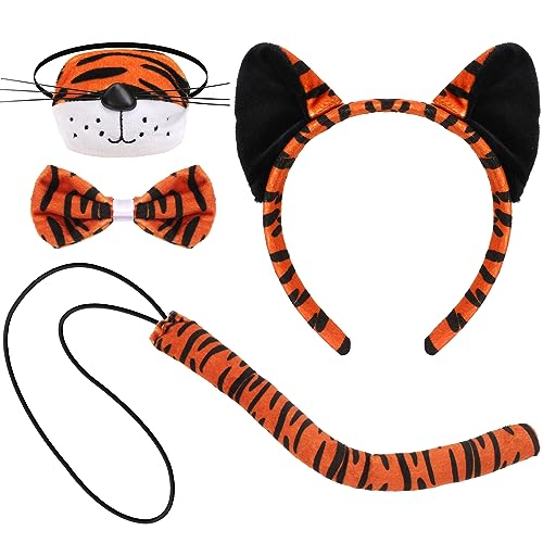 XEPST Tier Tiger Kostüm Set, Tigerohren und Schwanz Set mit Tigerohren Stirnband Fliege Nase Tigerschwanz für Tierkostüm Cosplay Geburtstagsparty Zubehör Halloween Kostüm Kostüm Partyzubehör, Tiger-B von XEPST