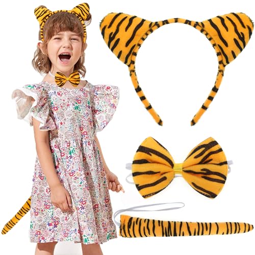 XEPST Tier Tiger Kostüm Set, Tigerohren und Schwanz Set mit Tigerohren Stirnband Fliege Tigerschwanz für Tierkostüm Cosplay Geburtstagsparty Zubehör Halloween Kostüm Kostüm Partyzubehör XEPST Tier Tiger Kostüm Set, Tigerohren und Schwanz Set mit Tigerohren Stirnband Fliege Tigerschwanz für Tierkostüm Cosplay Geburtstagsparty Zubehör Halloween Kostüm Kostüm Partyzubehör von XEPST