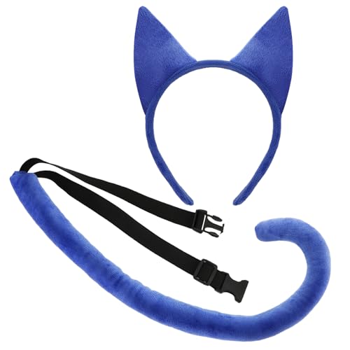 XEPST Tier blaues Katzenkostüm Set, blaue Katzenohren und Schwanz Set mit Katzenohren Stirnband und blauem Katzenschwanz für Tierkostüm Cosplay Geburtstagsparty Halloween Kostüm Partyzubehör von XEPST