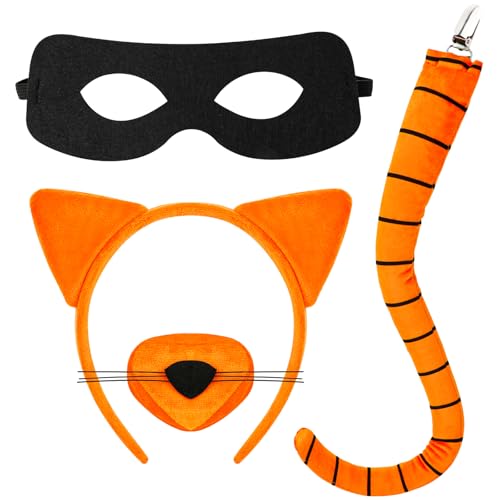 XEPST Tierisches orangefarbenes Katzenkostüm-Set, orangefarbenes Katzenohren- und Schwanz-Set mit Ohren, Stirnband, Nase, Schwanz, schwarzer Augenmaske für Tierkostüm, Cosplay, Halloween, Kostümparty von XEPST