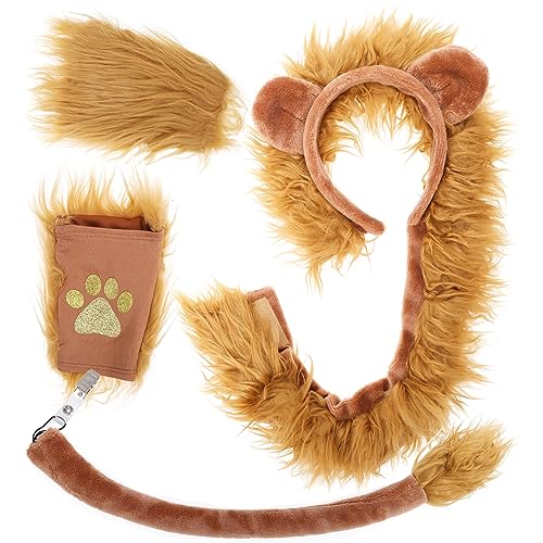 XEPST Tierlöwenkostüm Set, Löwenohren Stirnband Schwanz und Pfote Set mit Löwenstirnband Pfoten Löwenschwanz für Tierkostüm Cosplay Geburtstagsparty Zubehör Halloween Kostüm Kostüm Partyzubehör von XEPST