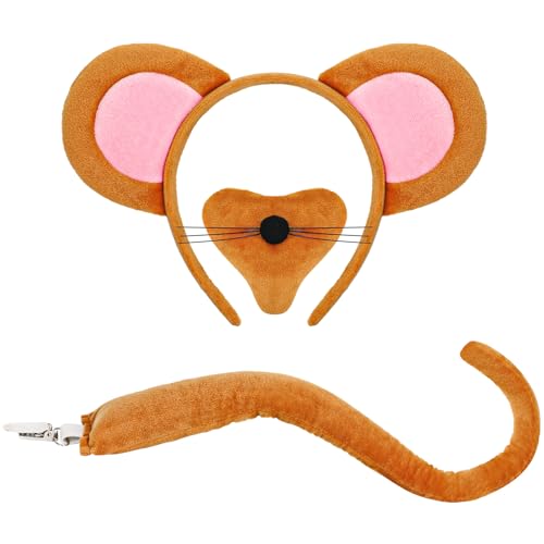 XEPST Tiermaus Kostüm Set, Mausohren und Schwanz Set mit Rattenohren Stirnband Nase Rattenschwanz für Tierkostüm Cosplay Geburtstagsfeier Halloween Verkleidung Partyzubehör, Braun von XEPST