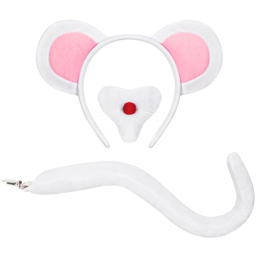 XEPST Tiermaus Kostüm Set, Mausohren und Schwanz Set mit Rattenohren Stirnband Nase Rattenschwanz für Tierkostüm Cosplay Geburtstagsfeier Halloween Verkleidung Partyzubehör, Weiß von XEPST
