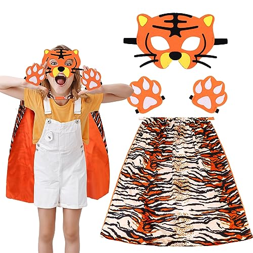 XEPST Tiger Kostüm Set für Kinder, 4 STÜCK Tier Tiger Print Cape Set mit Tigeraugenmaske Tiger Cape Tiger Pfoten für Tierkostüm Cosplay Geburtstagsparty Halloween Karneval Kostüm Zubehör von XEPST