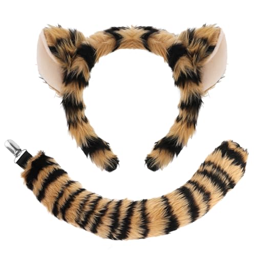 XEPST Tiger Ohren und Schwanz Set, Tier Tiger Kostüm Set mit Tiger Stirnband Kunstpelz Tiger Schwanz für Tierkostüm Cosplay Geburtstagsparty Halloween Kostüm Kostüm Partyzubehör von XEPST