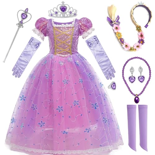 Rapunzel Kostüm Kinder Rapunzel Kinderkostüm Prinzessin Rapunzel Kostüm Karneval mit Perücke Rapunzel Krone Prinzessin für Geburtstag Party Cosplay Weihnachten Halloween Karneval Cosplay Kleid,140cm von XFOZDM